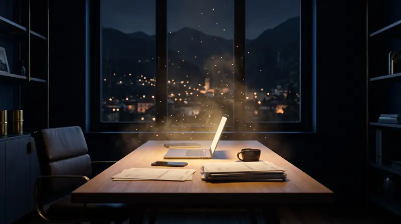 La scrivania di un ufficio di notte, accesa da una luce dorata: un portatile aperto, documenti e un telefono.